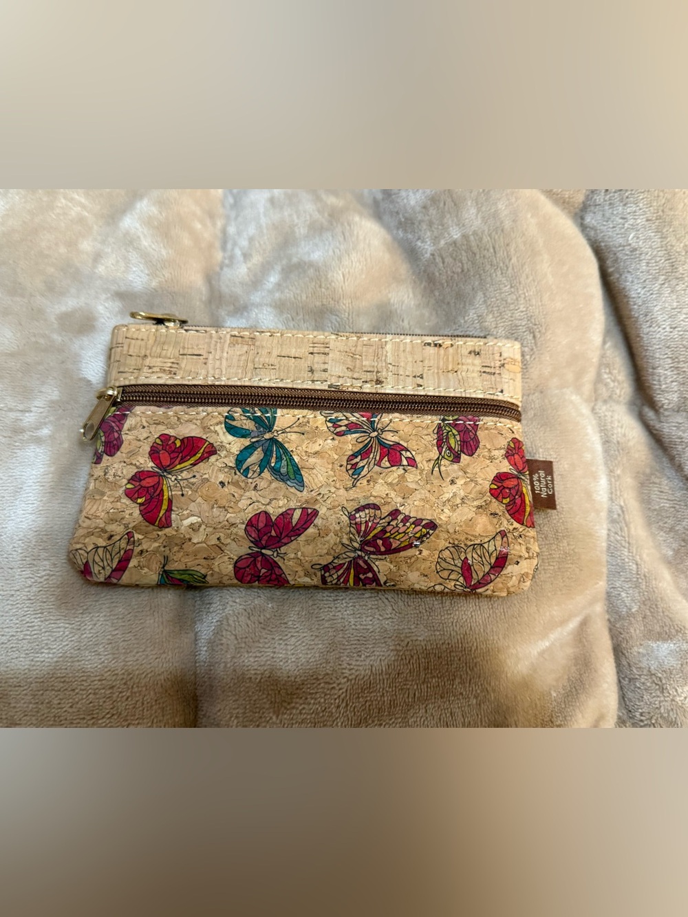 Natural Cork Butterfly Print Two Zip Pouch - Natural Pink & Teal 6”W X 3.5”H